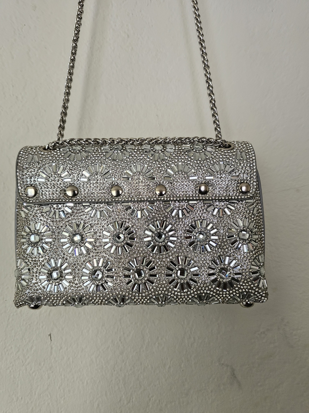 Rhinestone Embellished Silver Evening Clutch with Chain - Picture 5 of 11